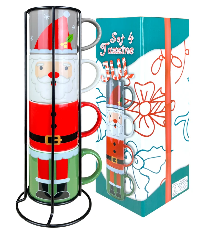 Set 4 Tazzine Da Caffè Con Supporto Fantasia Natale In Porcellana Idea Regalo Il Gruppone