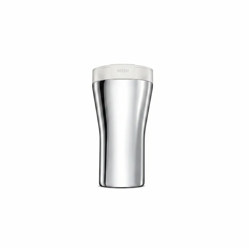 Alessi "Caffè Travel Mug" GIA 24 W coperchio in resina termoplastica bianca e mug in acciaio inossidabile 18/10, 18 x 9.7 x 10