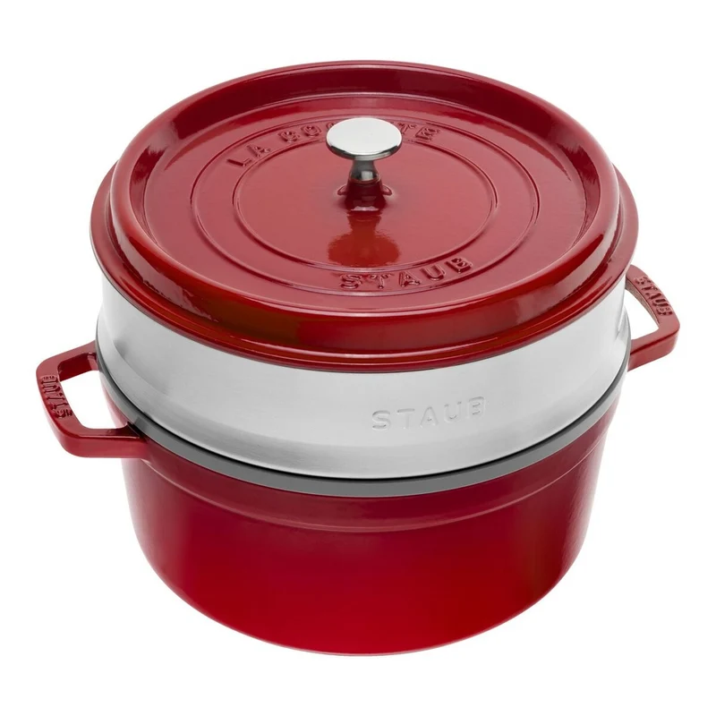 26 cm - Cocotte Casseruola Rotonda In Ghisa Smaltata Con Cestello Vapore