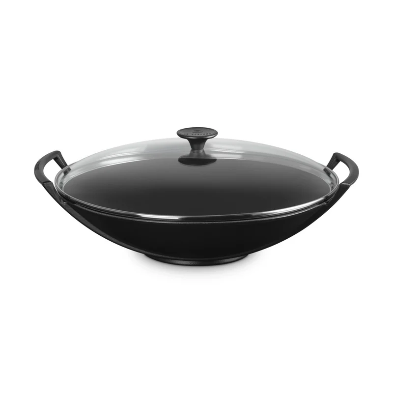36 cm - Forme Speciali Wok In Ghisa Vetrificata Con Coperchio In Vetro