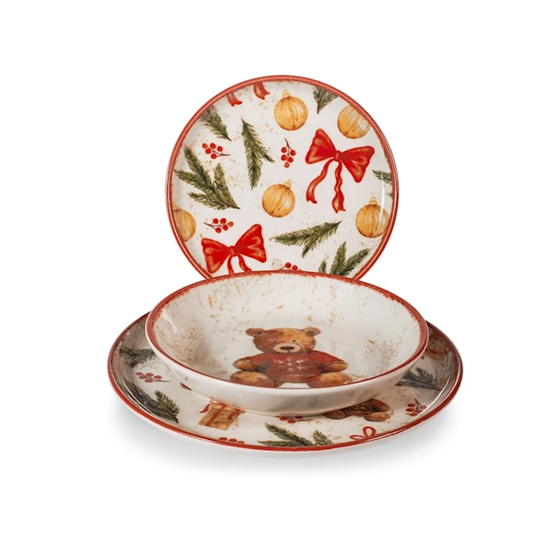 Nordic Teddy Hugs Servizio Piatti Con Decoro Natalizio In Stoneware Set 18 Pz