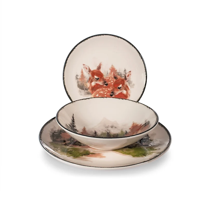 Golden Woods Servizio Piatti Decoro Natalizio In Stoneware Set 18 Pz