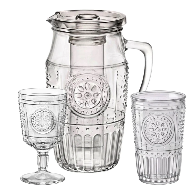 Romantic Set Caraffa Con Calici e Bicchieri In Vetro Decorato Set 13 Pz