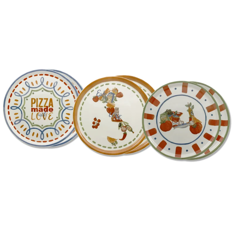 33 cm - Pizza Handmade Piatto Pizza 3 Decori In Porcellana Set 6 Pz