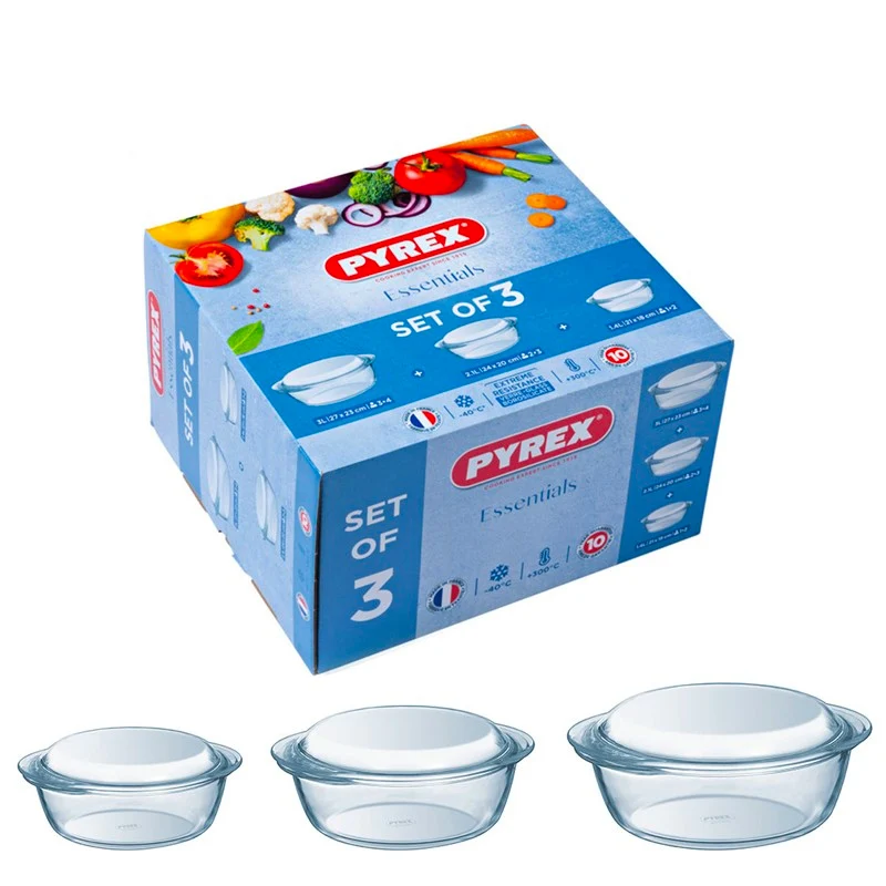 Essentials Set Casseruole Rotonde In Vetro Borosilicato Con Coperchio - Set 3 Pz