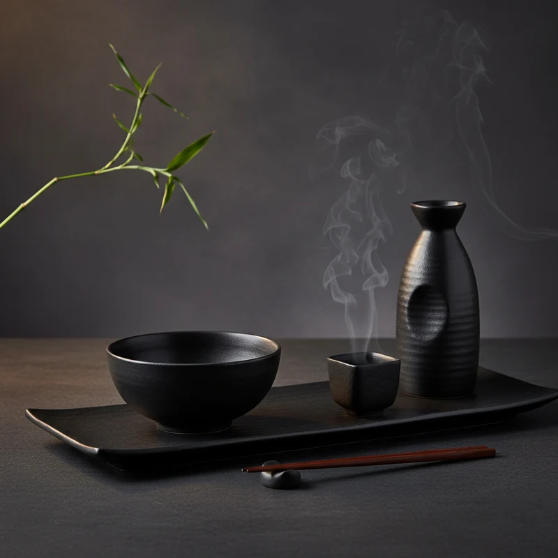 Set 2 Vassoi Rettangolari in Stoneware + Bottiglia Sakè + Coppa in Stoneware