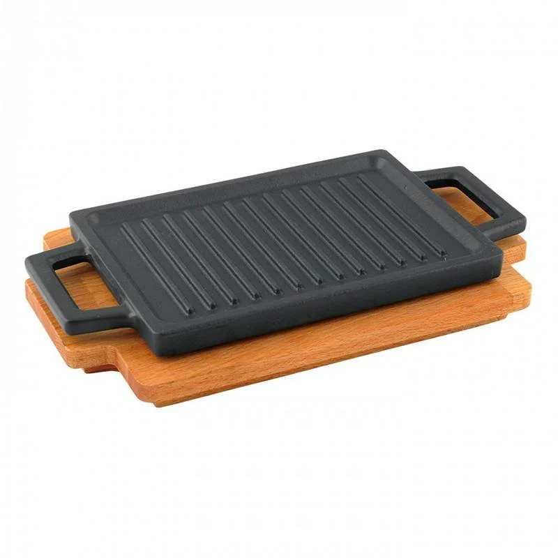 22x30 cm - Bistecchiera Grill Rettangolare In Ghisa Smaltata Con Supporto In Legno