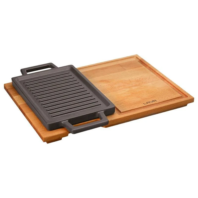 22x15 cm - Bistecchiera Grill Rettangolare In Ghisa Smaltata Con Supporto In Legno