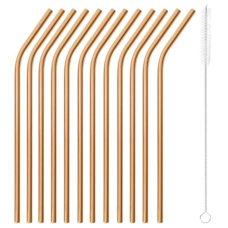 21.5 cm - Cannucce Riutilizzabili Curve In Acciaio Inox Con scovolino Set 12 Pz