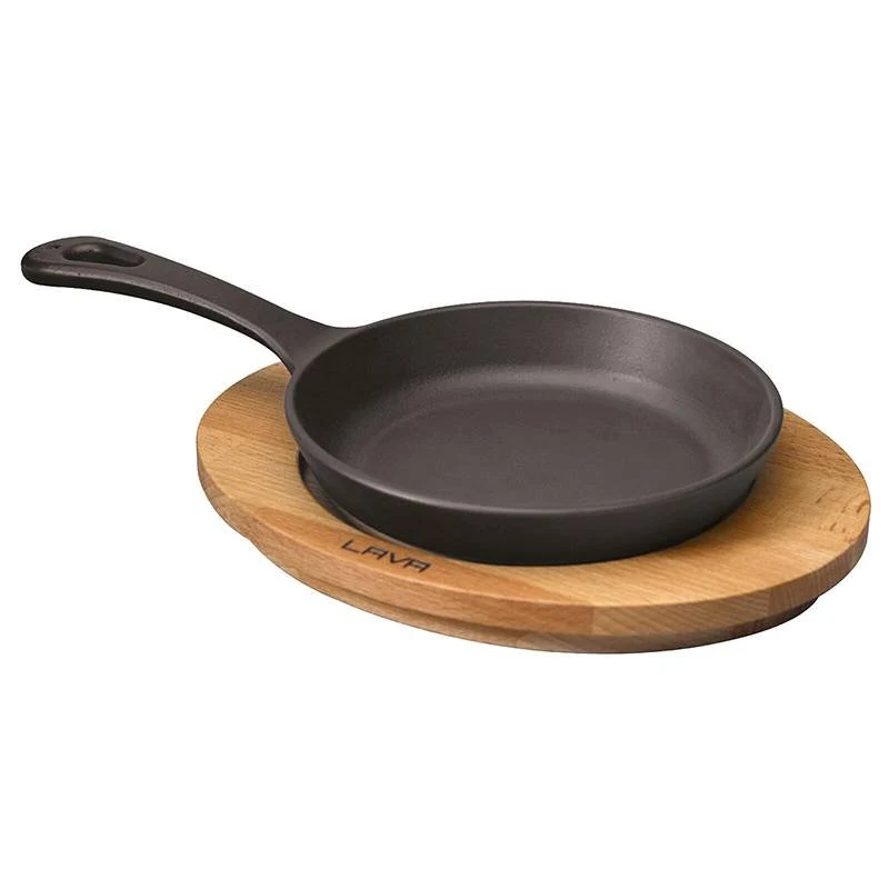 16 cm - Padella Bassa Rotonda Con Manico In Ghisa Smaltata Con Supporto In Legno