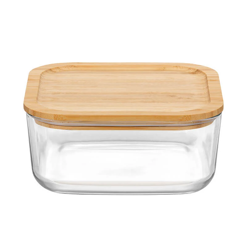 19x19 cm - Frigoverre Bamboo Contenitore Per Alimenti Quadrato In Vetro Con Tappo Bambù