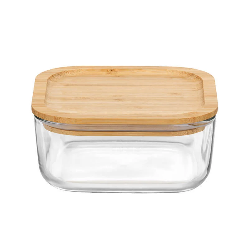 15x15cm - Frigoverre Bamboo Contenitore Per Alimenti Quadrato In Vetro Con Tappo Bambù