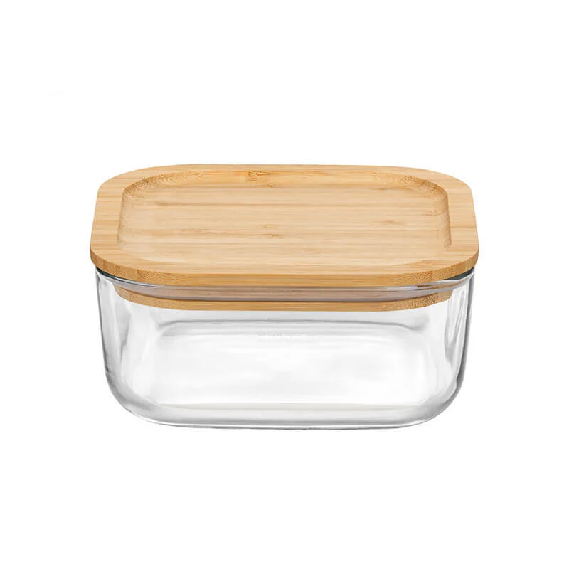 10x10 cm - Frigoverre Bamboo Contenitore Per Alimenti Quadrato In Vetro Con Tappo Bambù