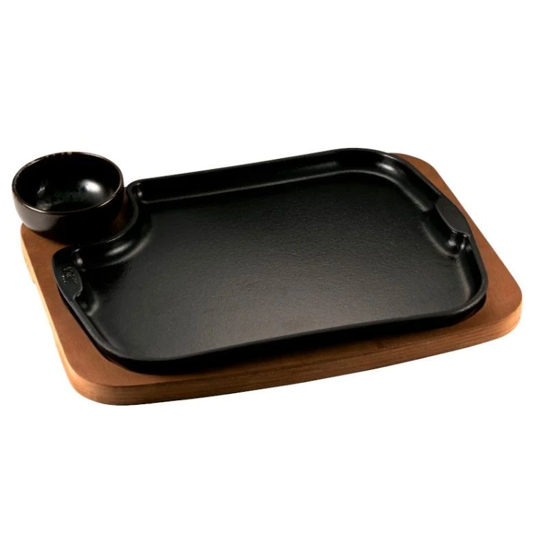 28x23 cm - Gourmet Piatto In Ghisa Con Supporto In Legno