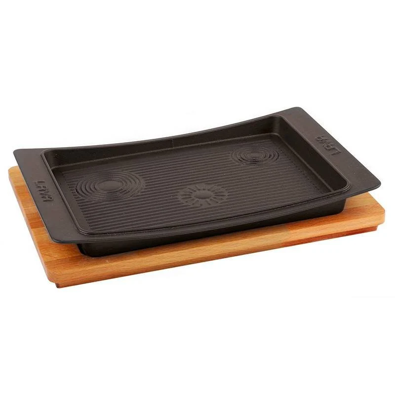36x24 cm - Cast Iron Cookware Piatto In Ghisa Con Supporto In Legno