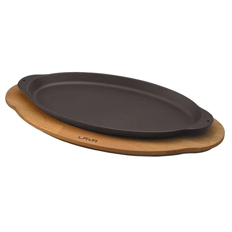 29.5x15.5 cm - Cast Iron Cookware Piatto In Ghisa Con Supporto In Legno