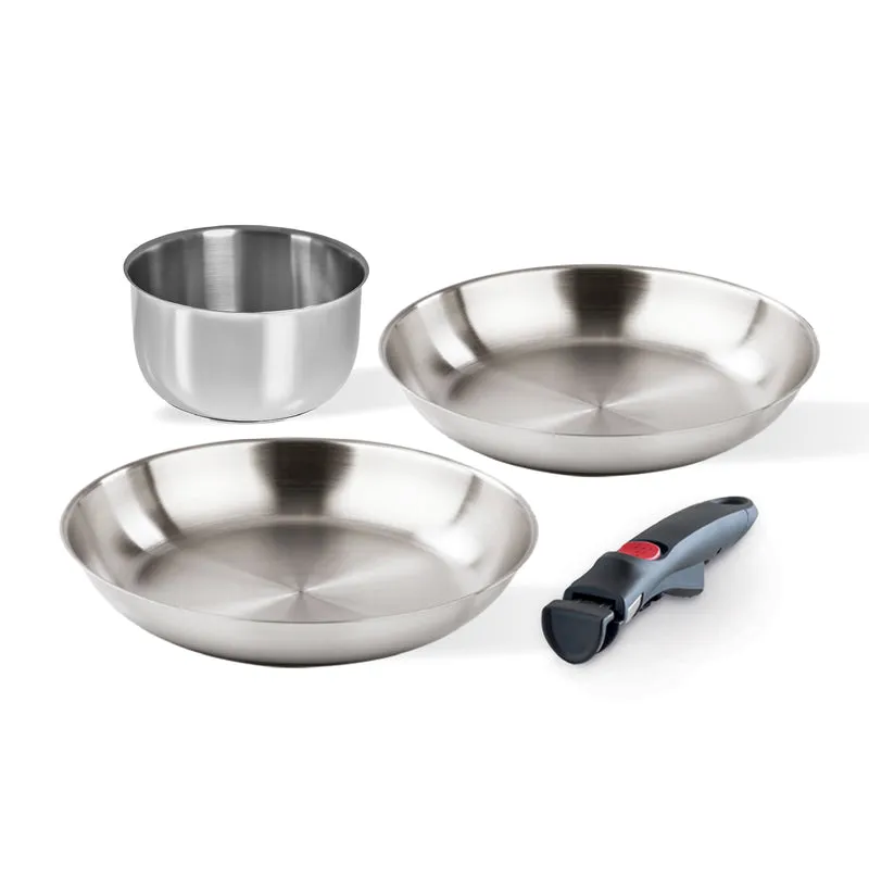 Set 3 pezzi acciaio - 2 padelle acciaio 24/28 cm, 1 casseruola 16 cm + manico staccabile