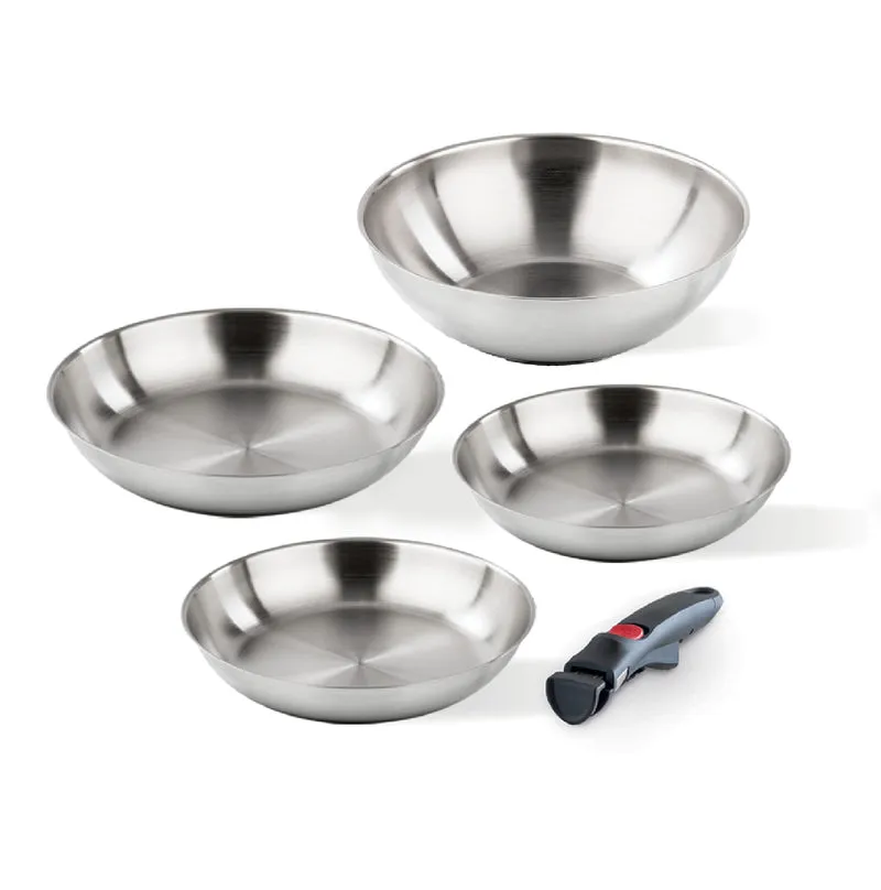 Set 4 pezzi acciaio - padelle 20/24/28 cm, Wok 28 cm + manico staccabile