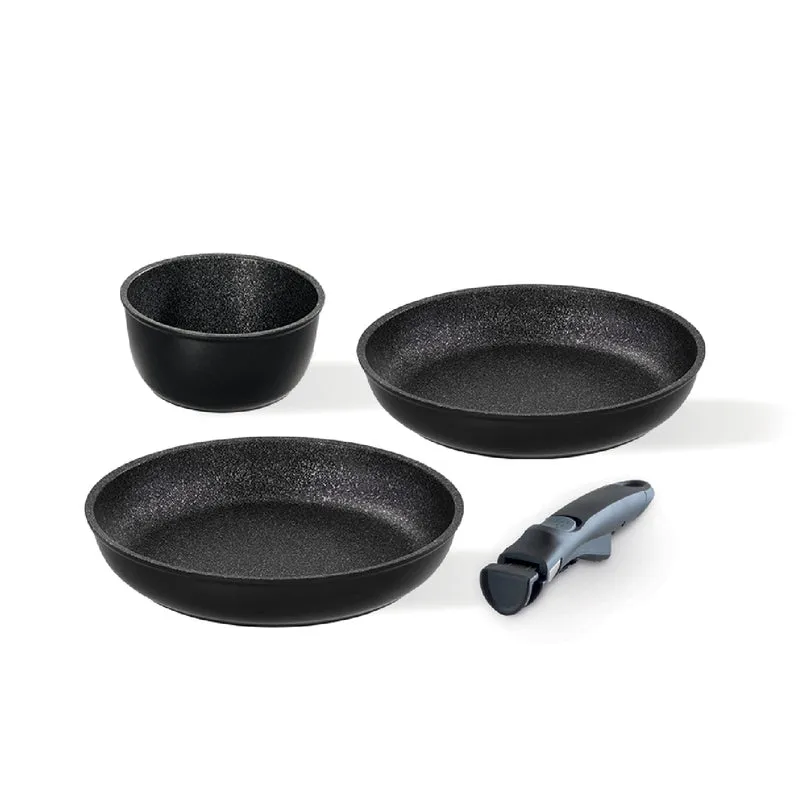 Set antiaderente 3 pezzi - 2 padelle 24/28 cm, 1 casseruola 16 cm + manico staccabile